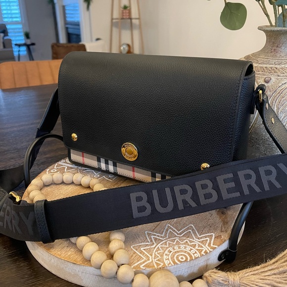 Burberry Archive Black Calf Leather & Check Note Adjustable Crossbody - Picture 15 of 16